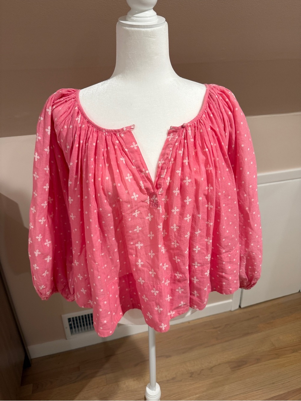 Anthropologie Pink Patterned Peasant Blouse, Size Medium